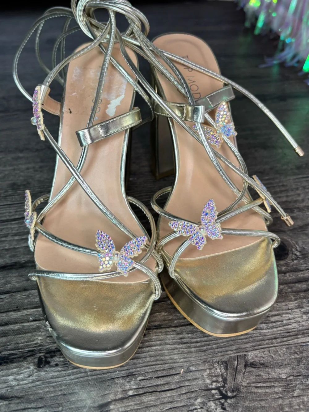 Iridescent Butterfly Gold Platform Lace-Up Heels Sz 6.5 Chunky Heel TOP Moda